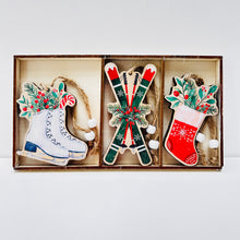 Load image into Gallery viewer, Skis, Skates & Stocking Wooden Decoration Set