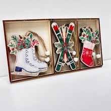Load image into Gallery viewer, Skis, Skates & Stocking Wooden Decoration Set