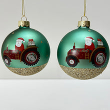 Load image into Gallery viewer, Santa Tractor Green Glass Bauble