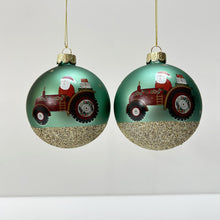 Load image into Gallery viewer, Santa Tractor Green Glass Bauble