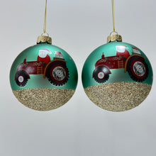 Load image into Gallery viewer, Santa Tractor Green Glass Bauble