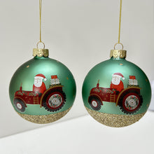 Load image into Gallery viewer, Santa Tractor Green Glass Bauble