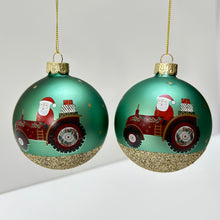 Load image into Gallery viewer, Santa Tractor Green Glass Bauble