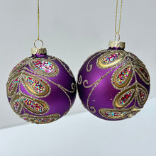 Load image into Gallery viewer, Purple & Gold Peacock Leaves Glass Bauble Set