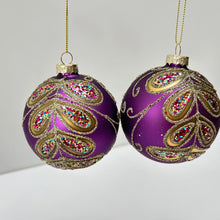 Load image into Gallery viewer, Purple & Gold Peacock Leaves Glass Bauble Set
