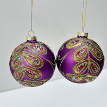 Load image into Gallery viewer, Purple & Gold Peacock Leaves Glass Bauble Set