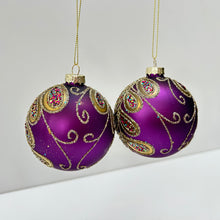 Load image into Gallery viewer, Purple & Gold Peacock Leaves Glass Bauble Set