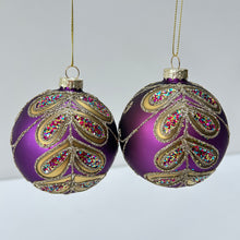 Load image into Gallery viewer, Purple & Gold Peacock Leaves Glass Bauble Set