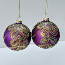 Load image into Gallery viewer, Purple & Gold Peacock Leaves Glass Bauble Set