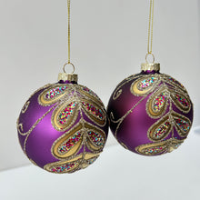 Load image into Gallery viewer, Purple & Gold Peacock Leaves Glass Bauble Set