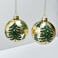 Load image into Gallery viewer, Green Trees Gold Glass Bauble Set