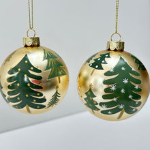 Load image into Gallery viewer, Green Trees Gold Glass Bauble Set