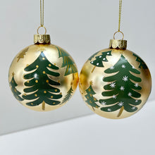 Load image into Gallery viewer, Green Trees Gold Glass Bauble Set
