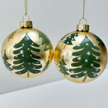 Load image into Gallery viewer, Green Trees Gold Glass Bauble Set