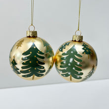 Load image into Gallery viewer, Green Trees Gold Glass Bauble Set