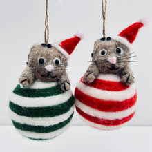 Load image into Gallery viewer, Felt Christmas Cat on Striped Bauble