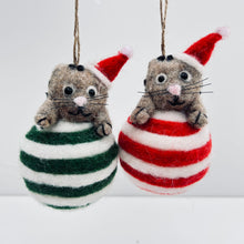 Load image into Gallery viewer, Felt Christmas Cat on Striped Bauble