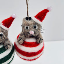 Load image into Gallery viewer, Felt Christmas Cat on Striped Bauble