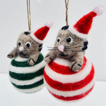 Load image into Gallery viewer, Felt Christmas Cat on Striped Bauble