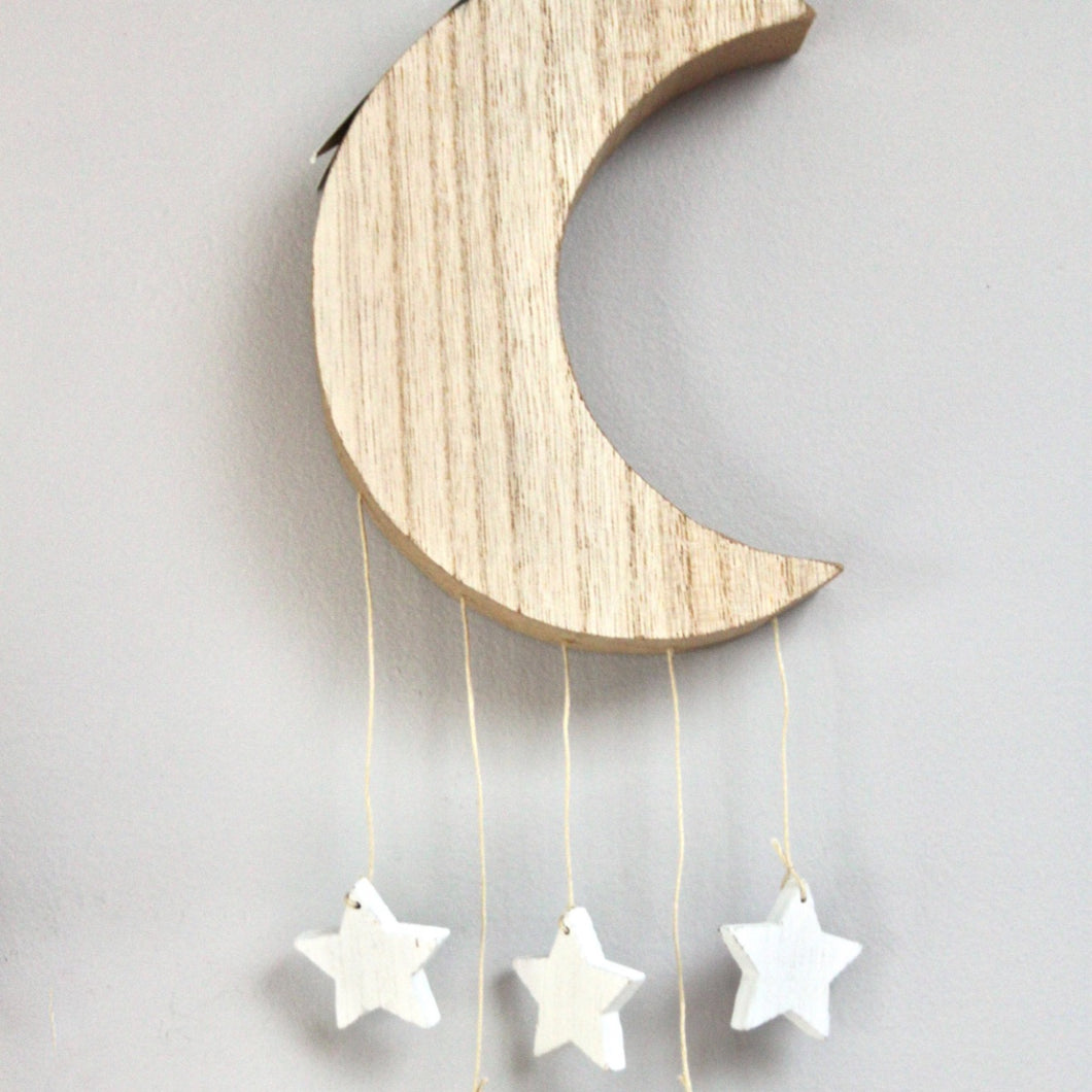 Wooden Moon with Hanging Stars