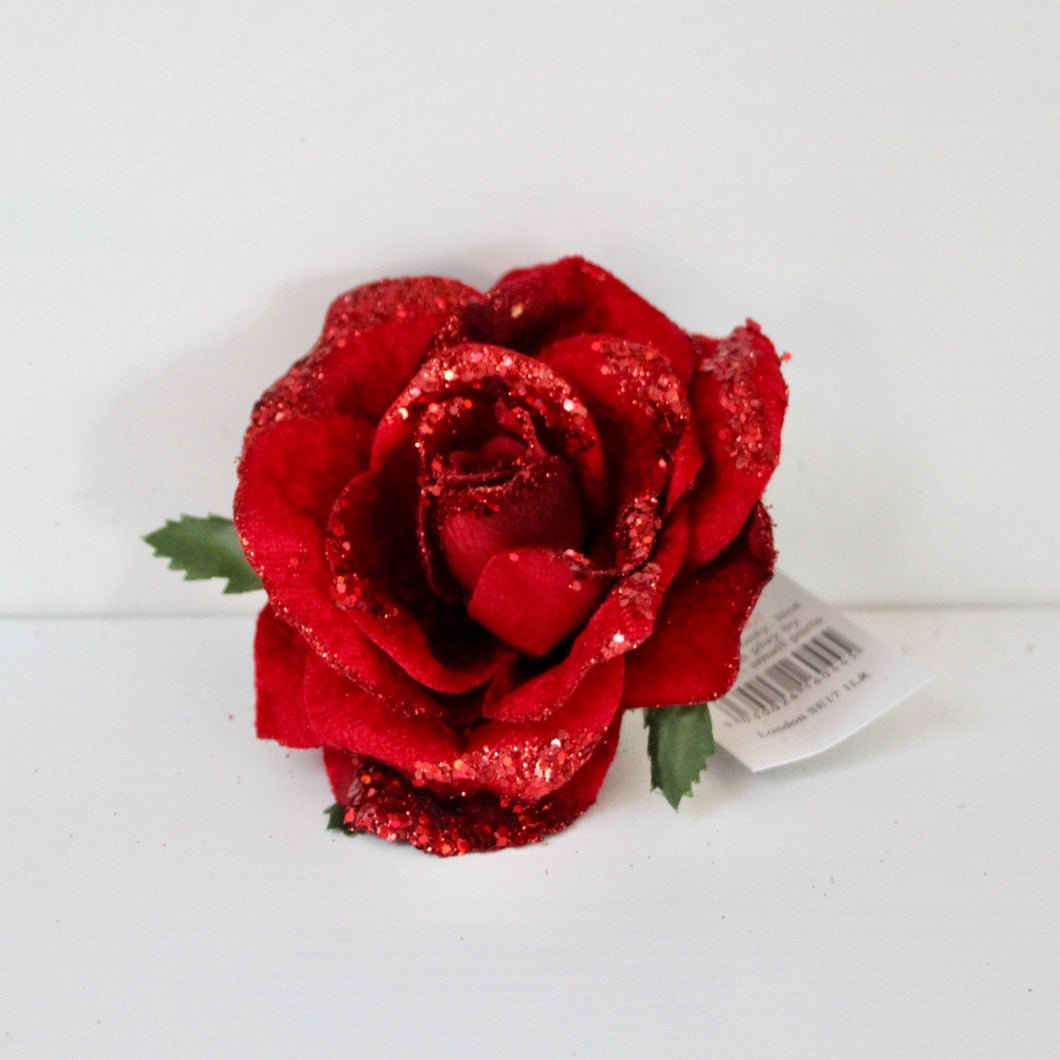 Red Fabric Glitter Rose Clip