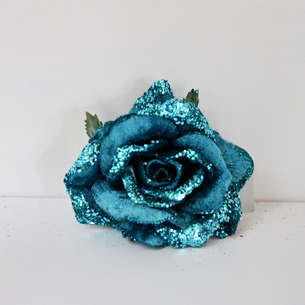 Blue Fabric Glitter Rose Clip