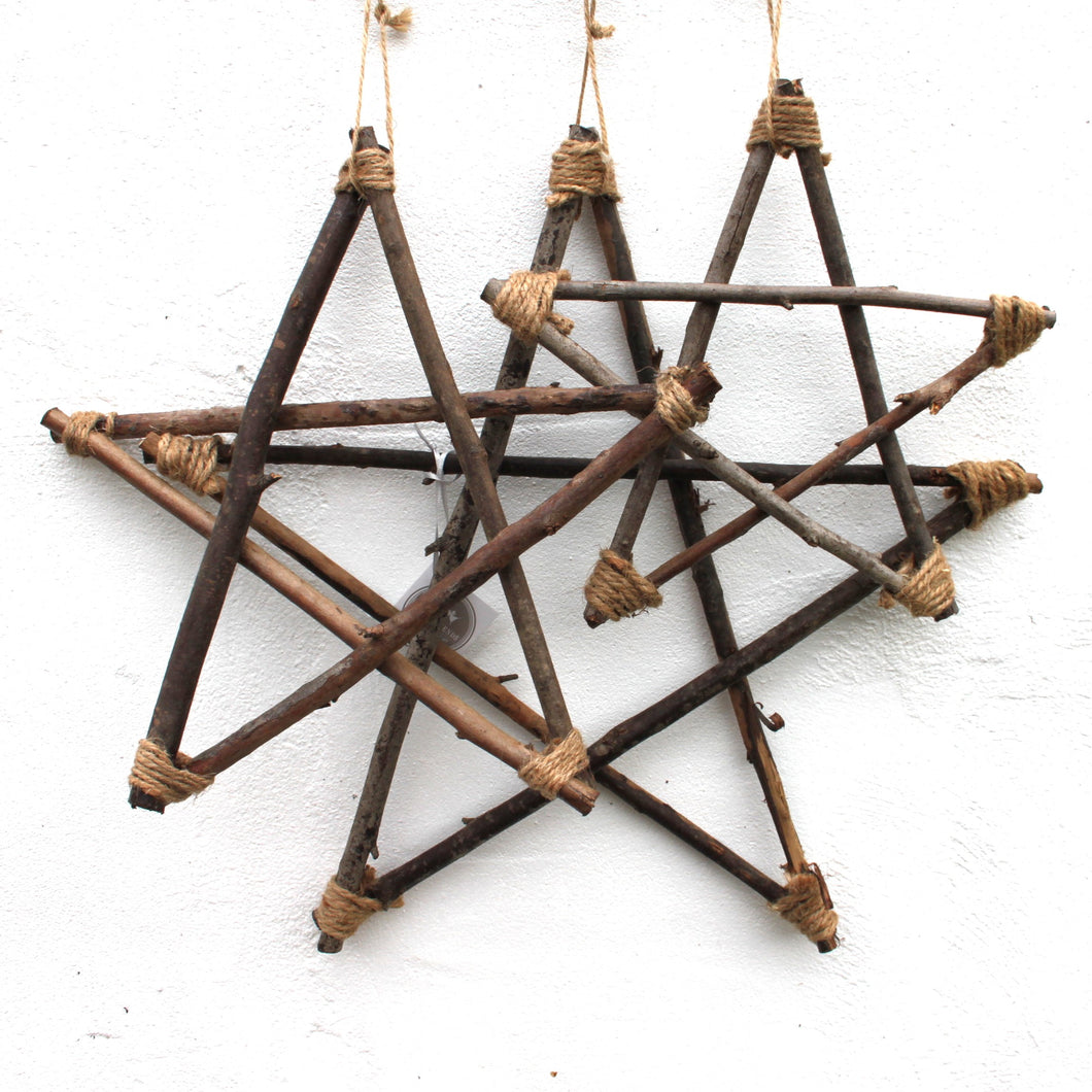 Set of 3 Wooden Rattan Hanging Stars