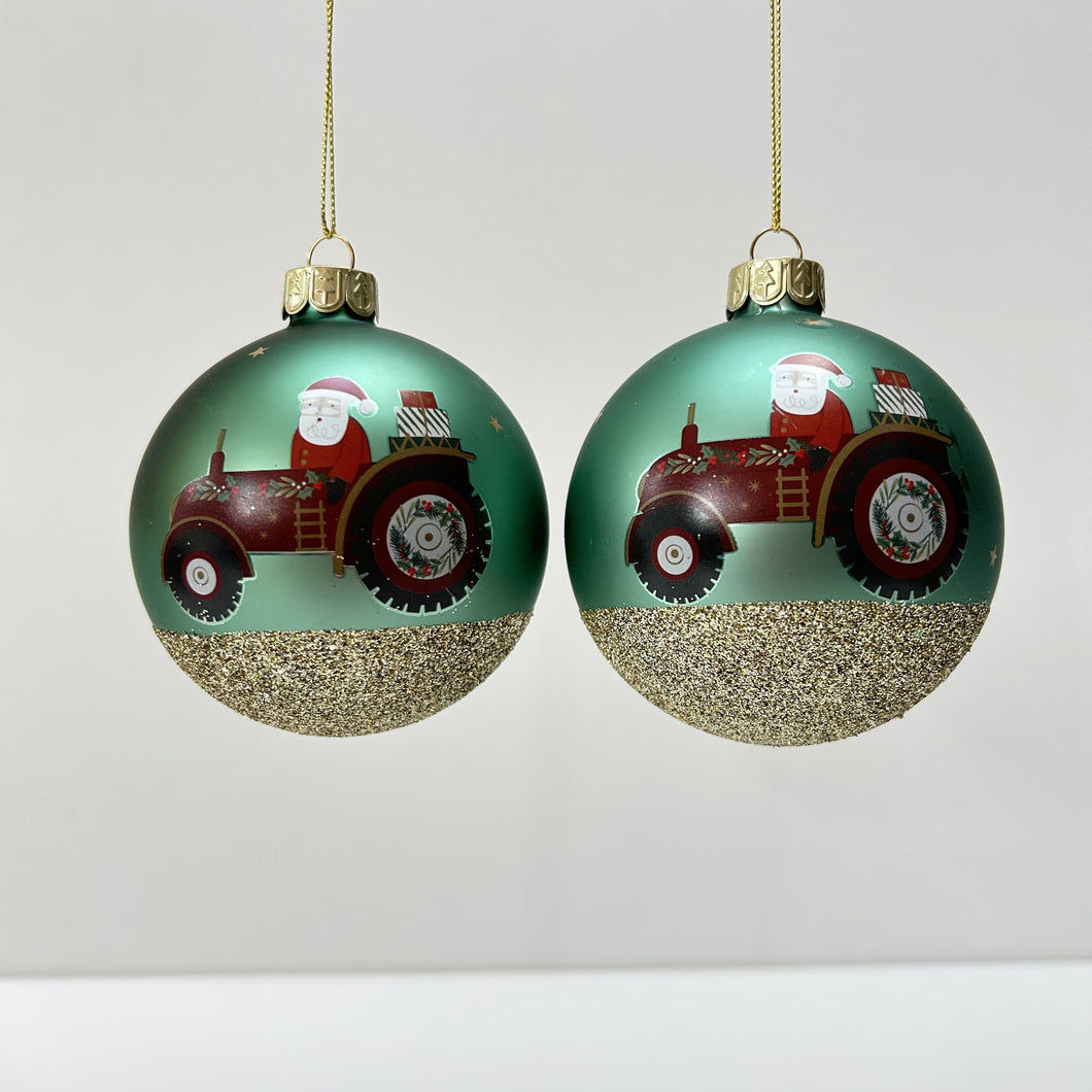 Santa Tractor Green Glass Bauble