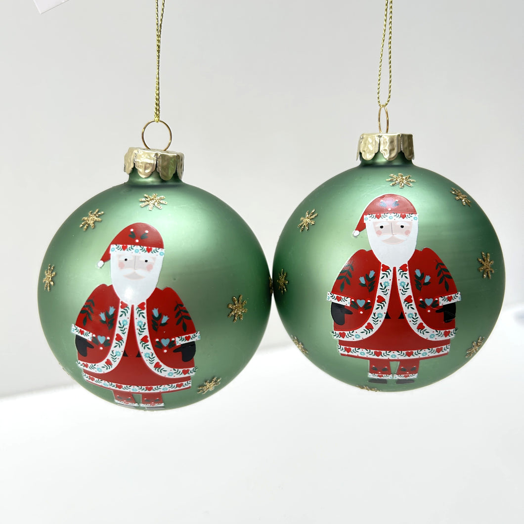 Alpine Santa Green Glass Bauble