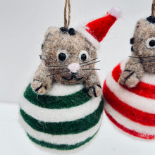 Load image into Gallery viewer, Felt Christmas Cat on Striped Bauble
