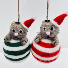 Load image into Gallery viewer, Felt Christmas Cat on Striped Bauble
