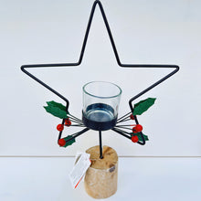 Load image into Gallery viewer, Metal Star T-Light Holder with Holly on Wooden Base
