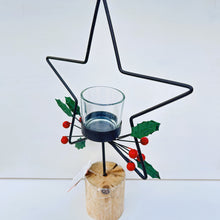 Load image into Gallery viewer, Metal Star T-Light Holder with Holly on Wooden Base
