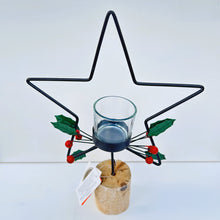 Load image into Gallery viewer, Metal Star T-Light Holder with Holly on Wooden Base
