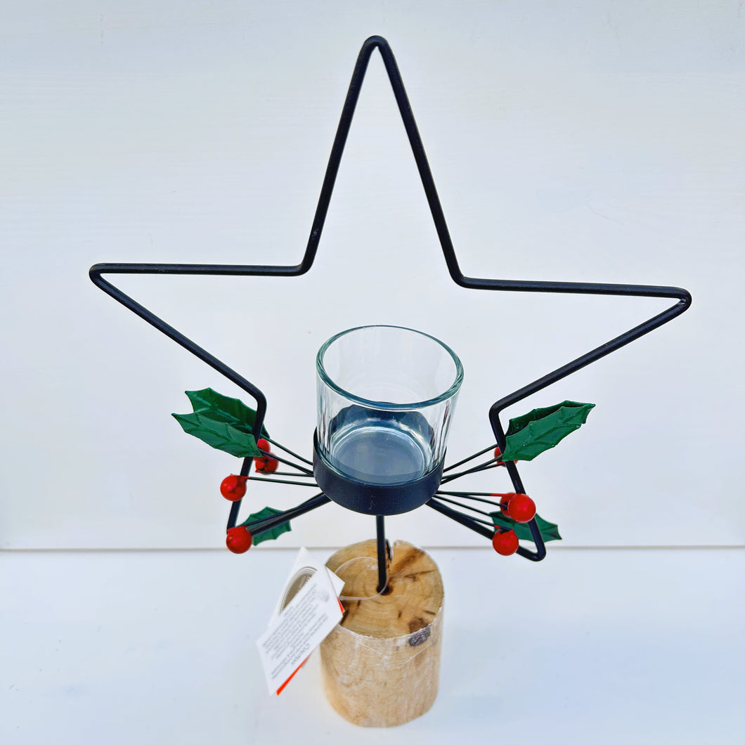 Metal Star T-Light Holder with Holly on Wooden Base