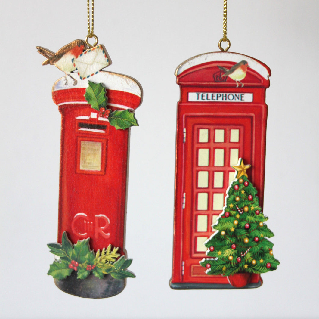 London Telephone & Post Box Wood Decorations