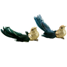 Load image into Gallery viewer, Blue &amp; Green Glitter Feather Clip on Birds
