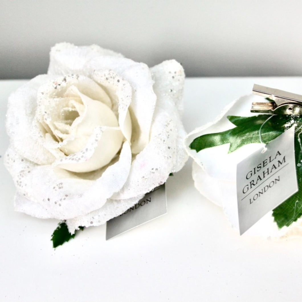White Fabric Glitter Rose Clip