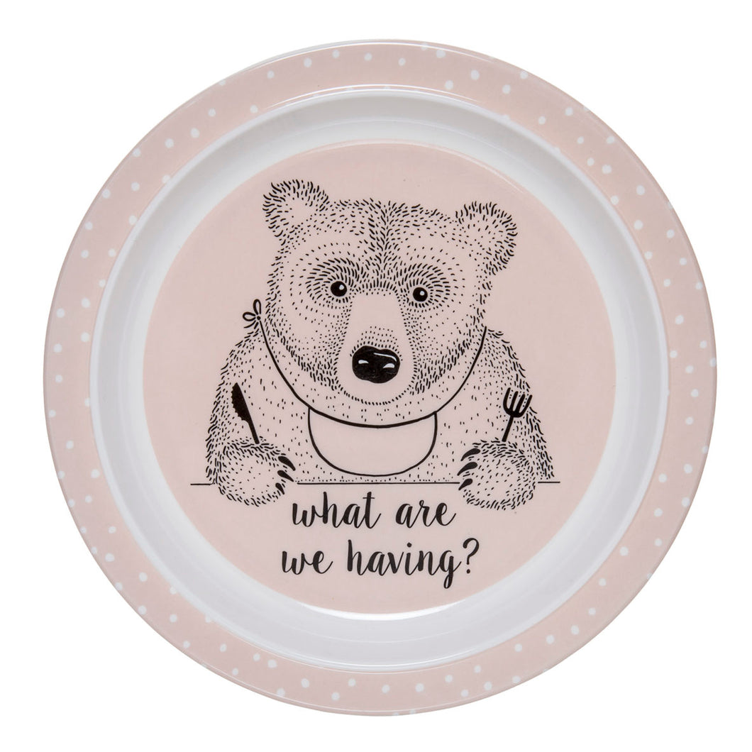 Toby Bear Pink Plate 'What are we having?'
