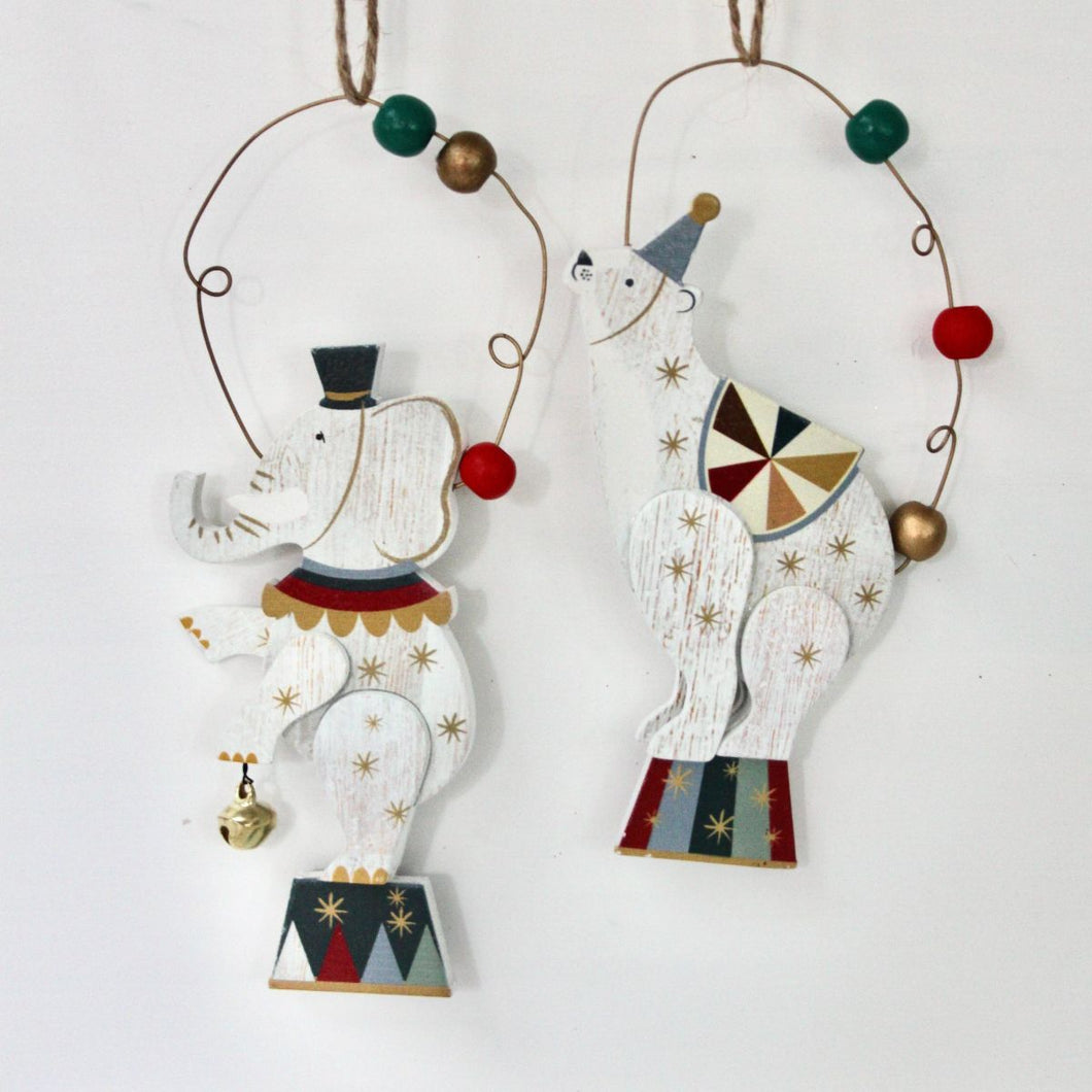 Wooden Circus Elephant & Bear on Drum Decoration Set