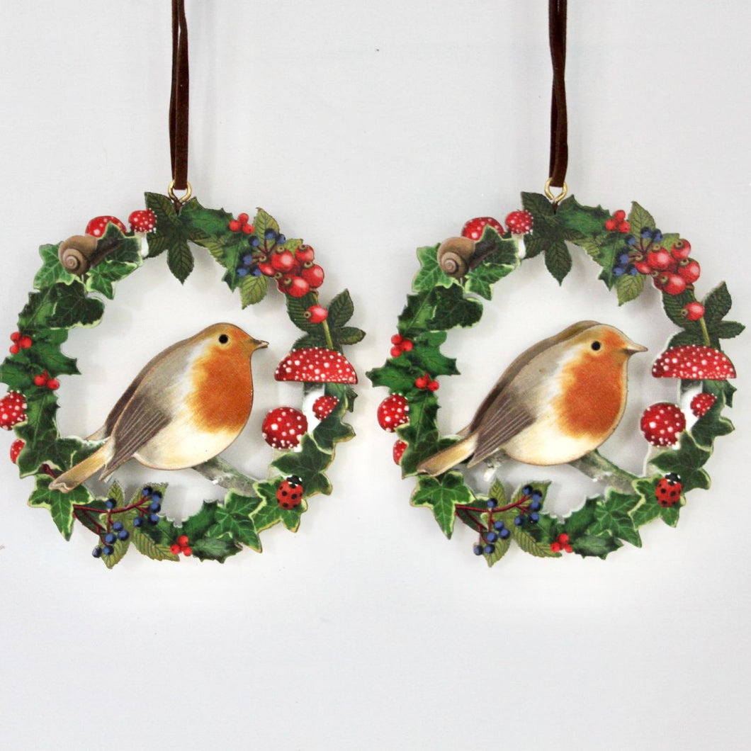 Fretwork Wooden Wreath Robin Set