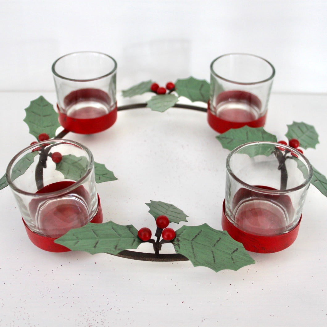 Metal Holly Glass Candle Holder