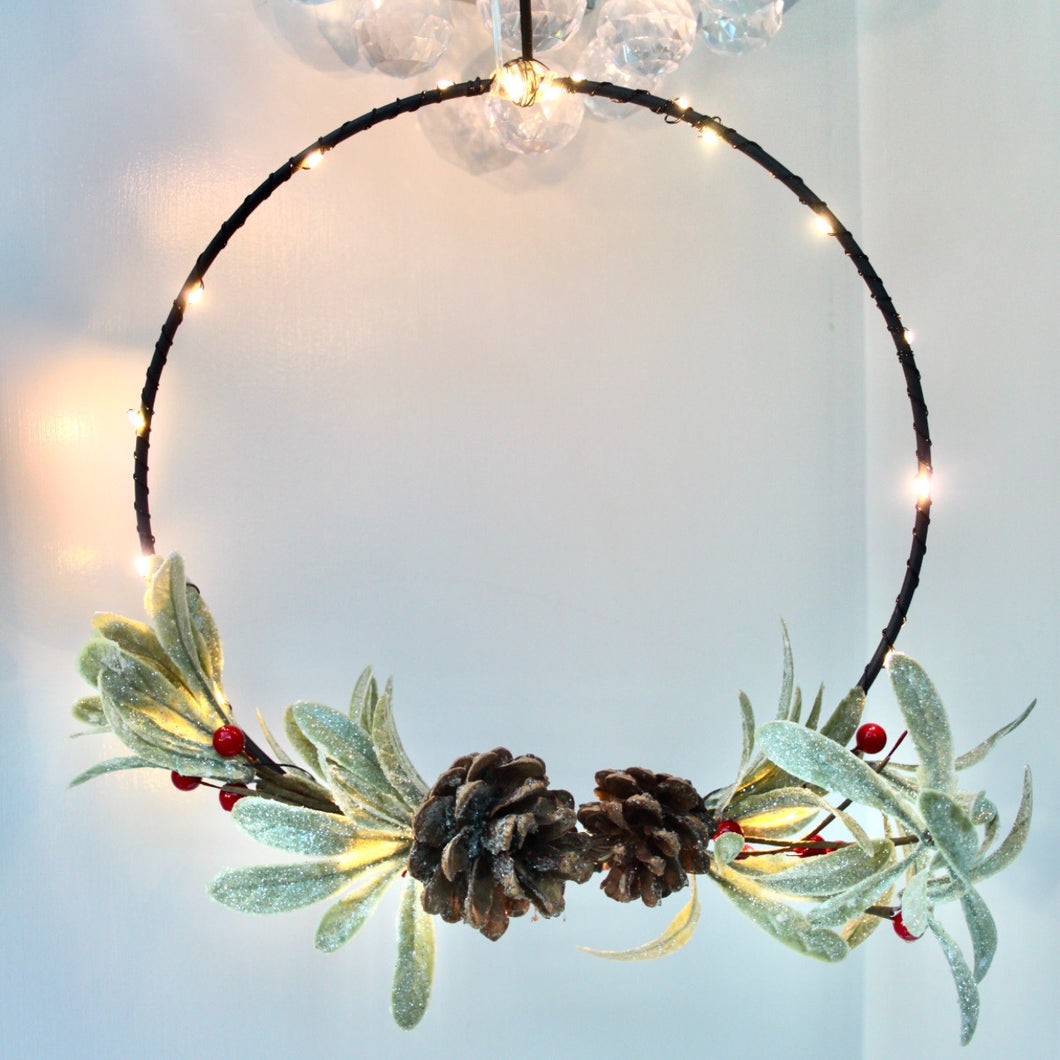 Mistletoe & Pinecone Metal Hoop LED Wreath