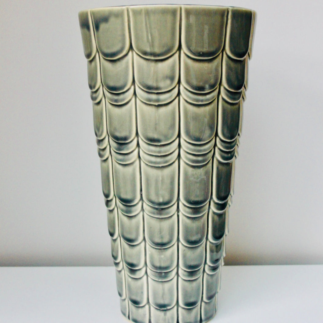 Large Vintage Scallop Design Green Vase