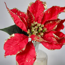 Load image into Gallery viewer, Red Gold Sparkle Poinsettia Pick
