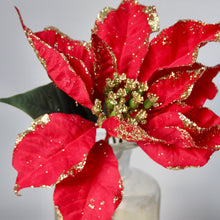 Load image into Gallery viewer, Red Gold Sparkle Poinsettia Pick
