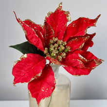 Load image into Gallery viewer, Red Gold Sparkle Poinsettia Pick
