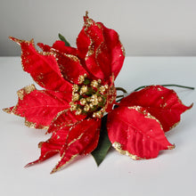 Load image into Gallery viewer, Red Gold Sparkle Poinsettia Pick
