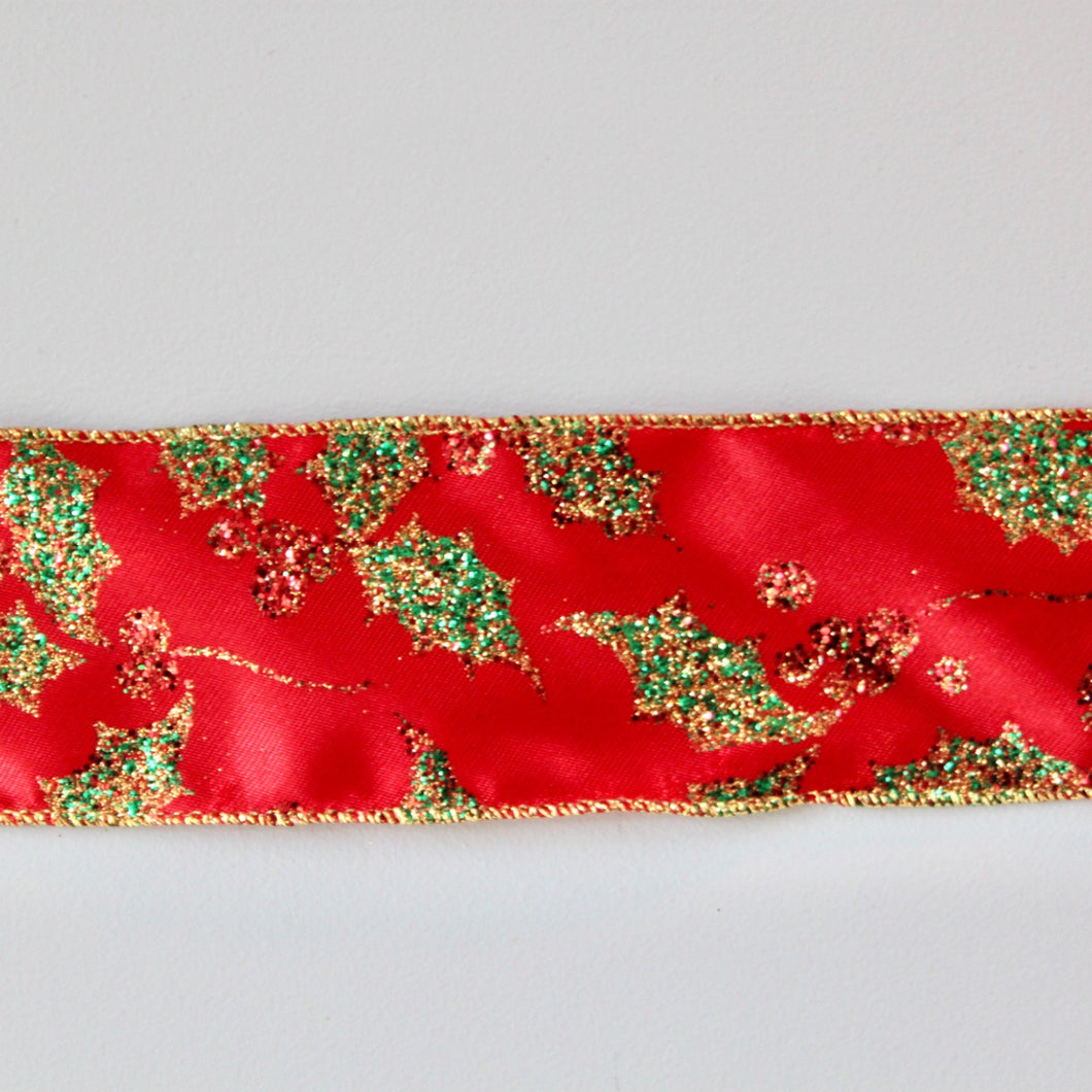 Red Glitter Holly Wide Wire Ribbon