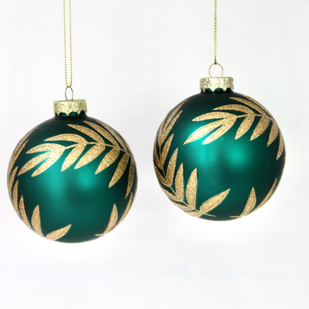 Matt Green Baubles with Gold Embossed Leaves